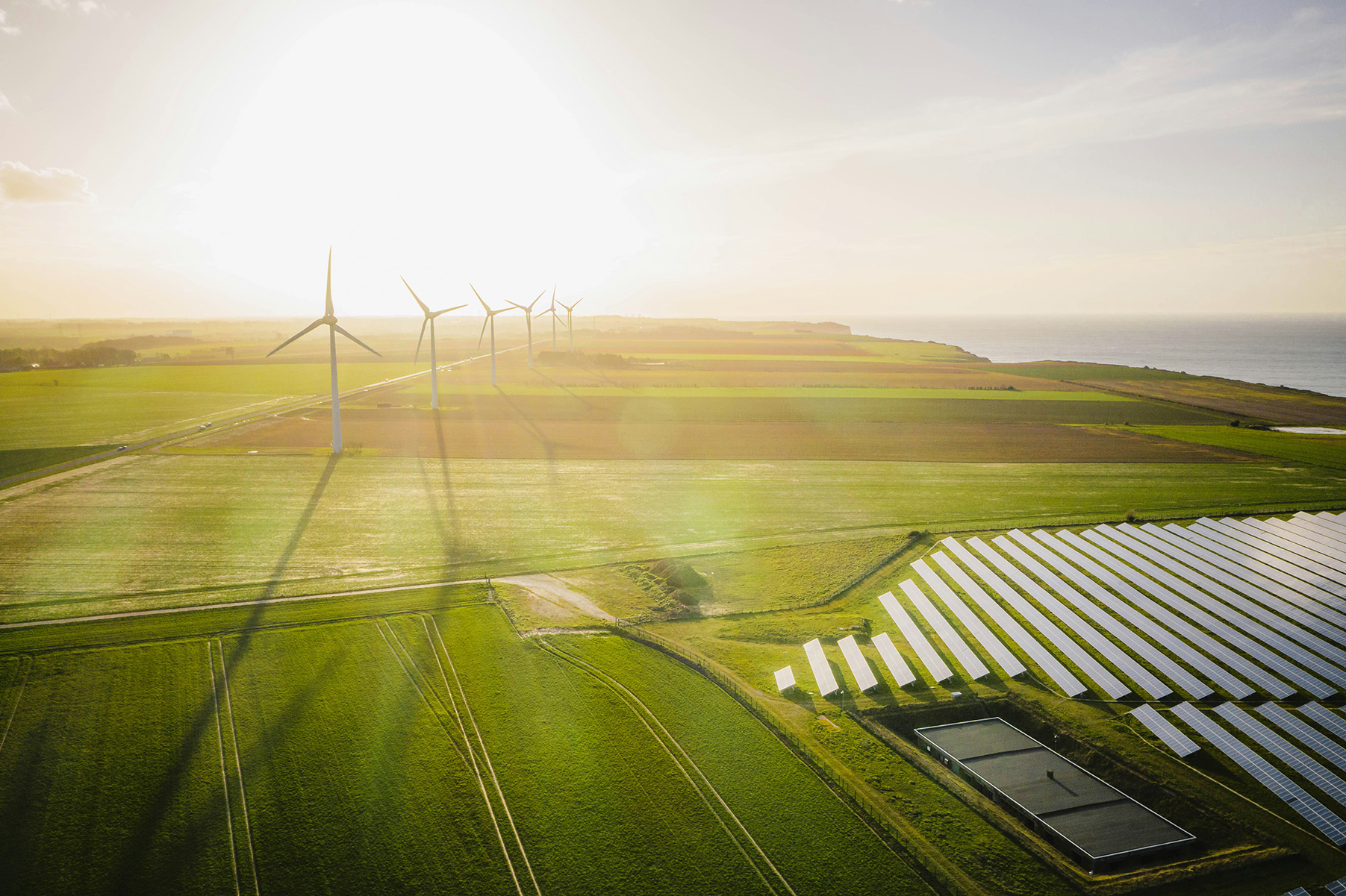 Wind turbines and a solar farm